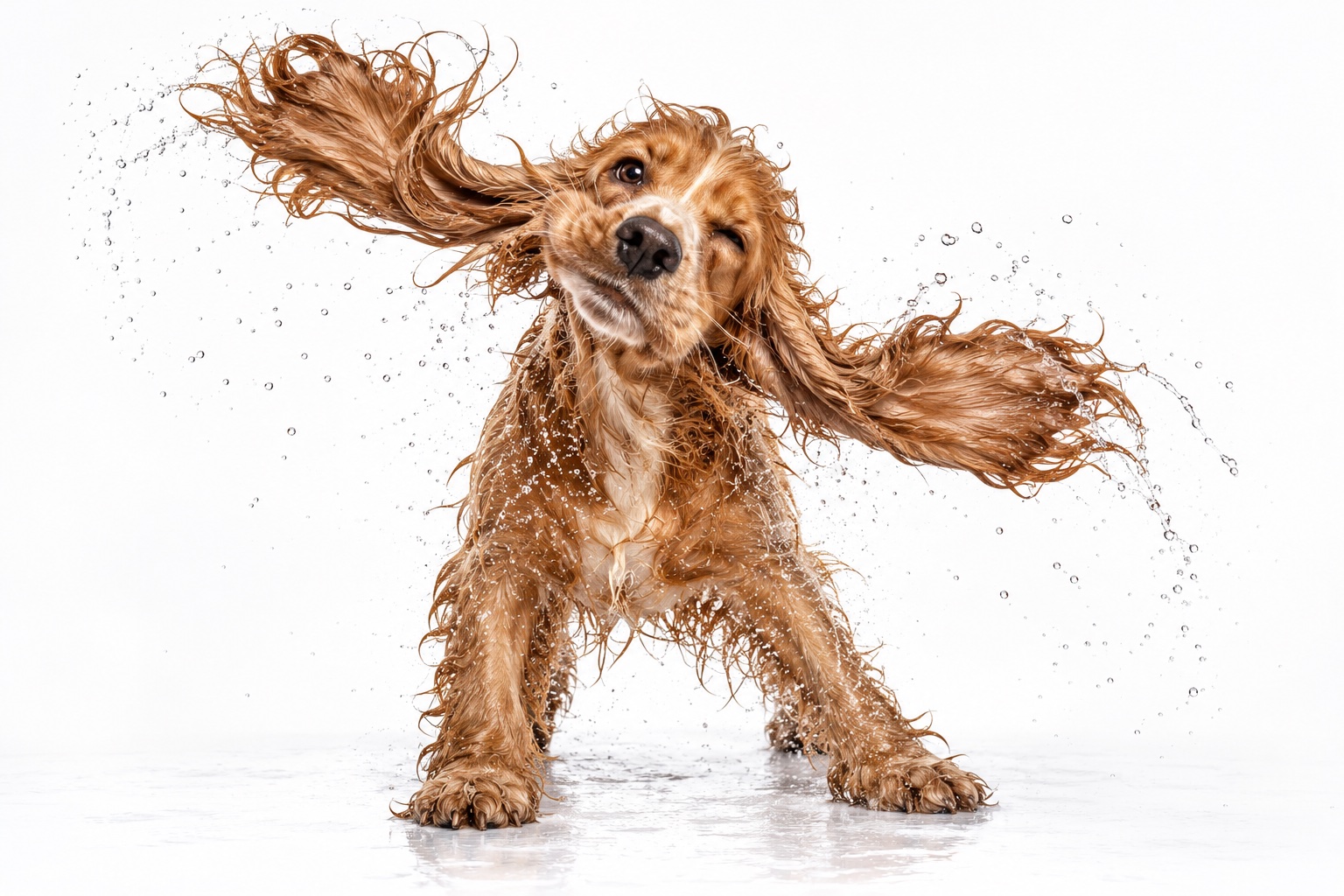 A dog mid-shake after a bath, water droplets flying everywhere, face comically distorted