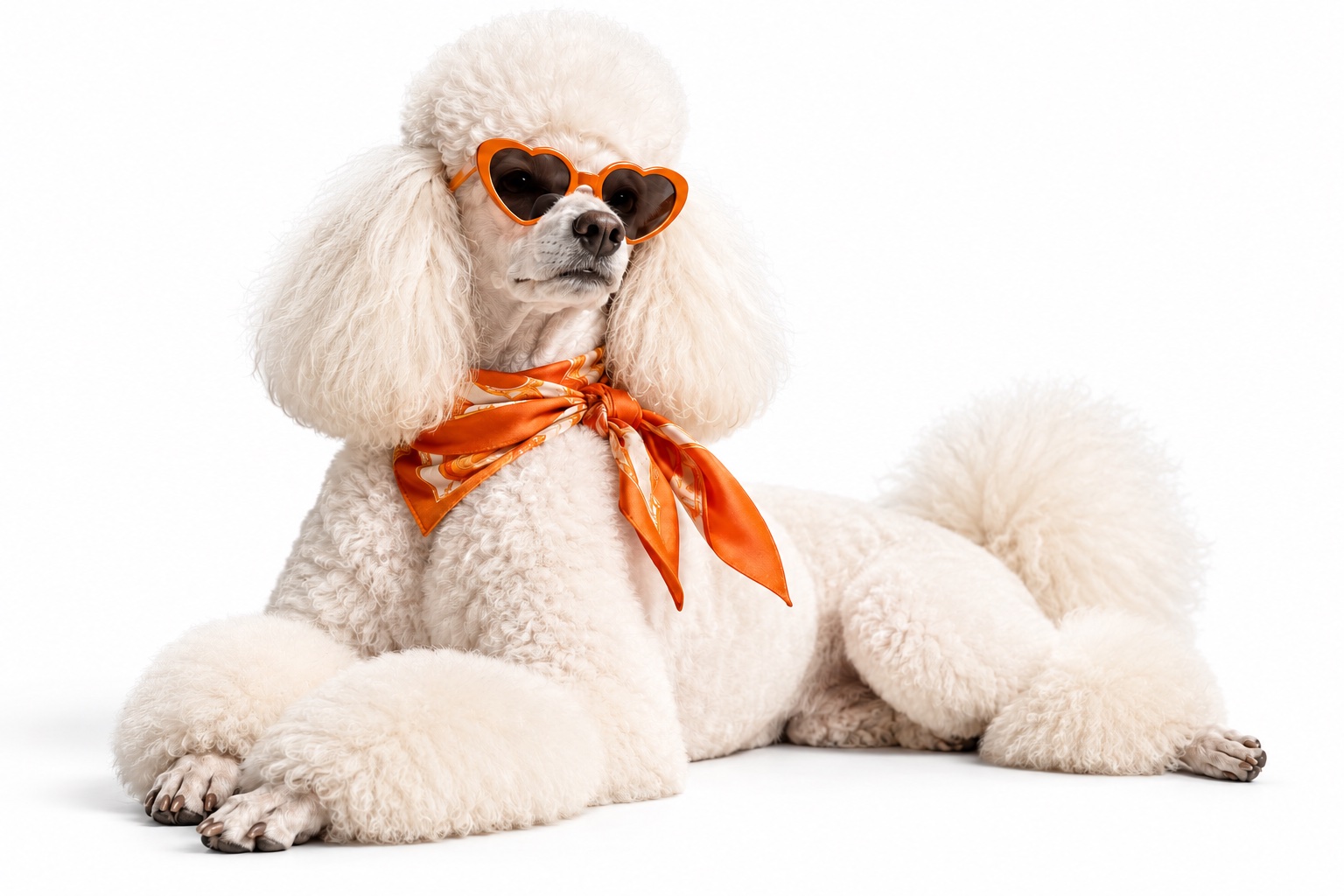 A freshly groomed poodle in heart-shaped sunglasses and a bandana, striking a confident pose