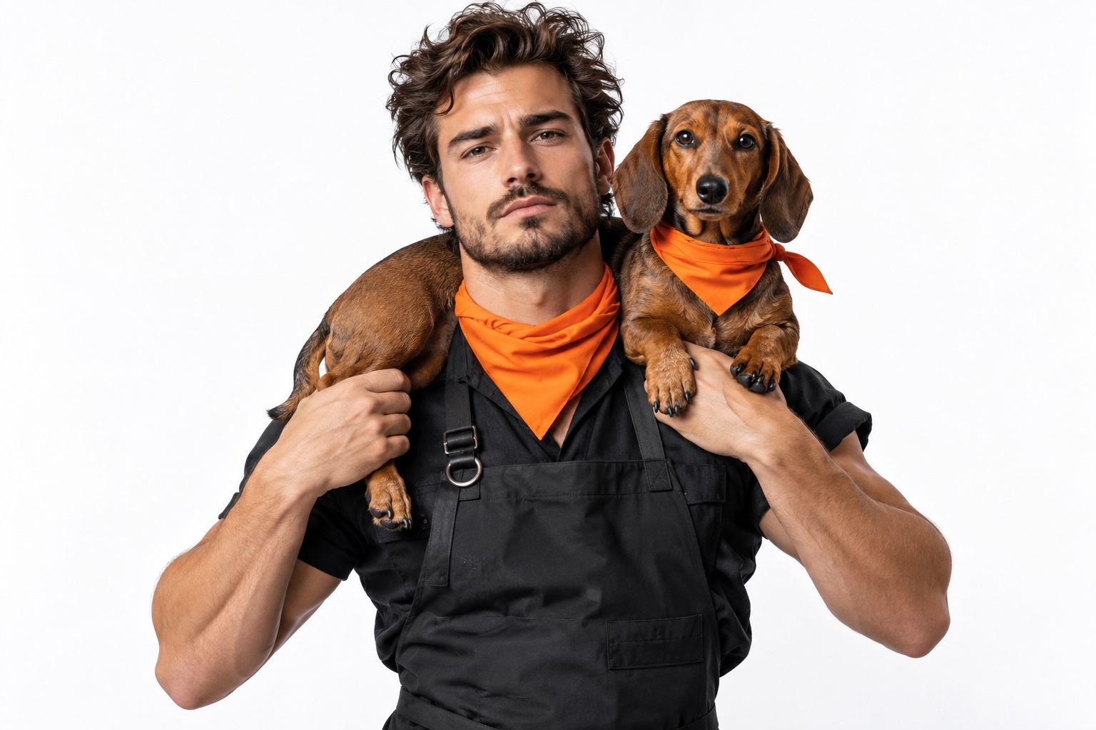 Groomer Jonah with a Dachshund on his shoulder, both wearing matching bandanas