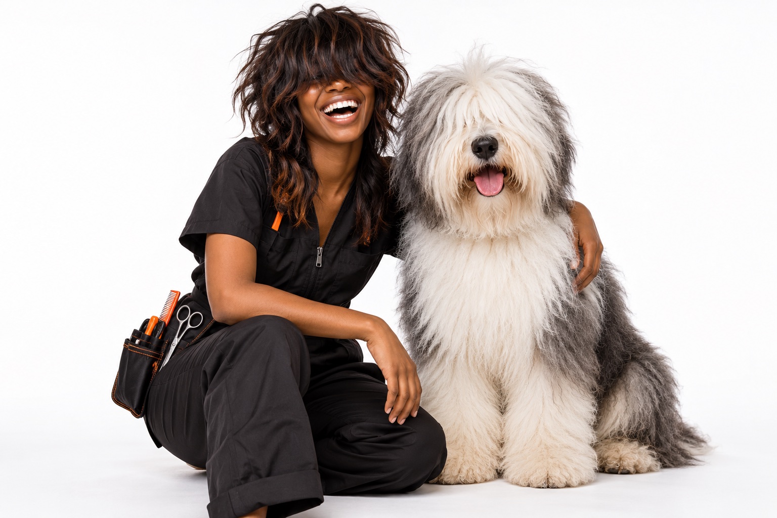 Groomer Maya laughing, holding an Old English Sheepdog; both have the same fringe