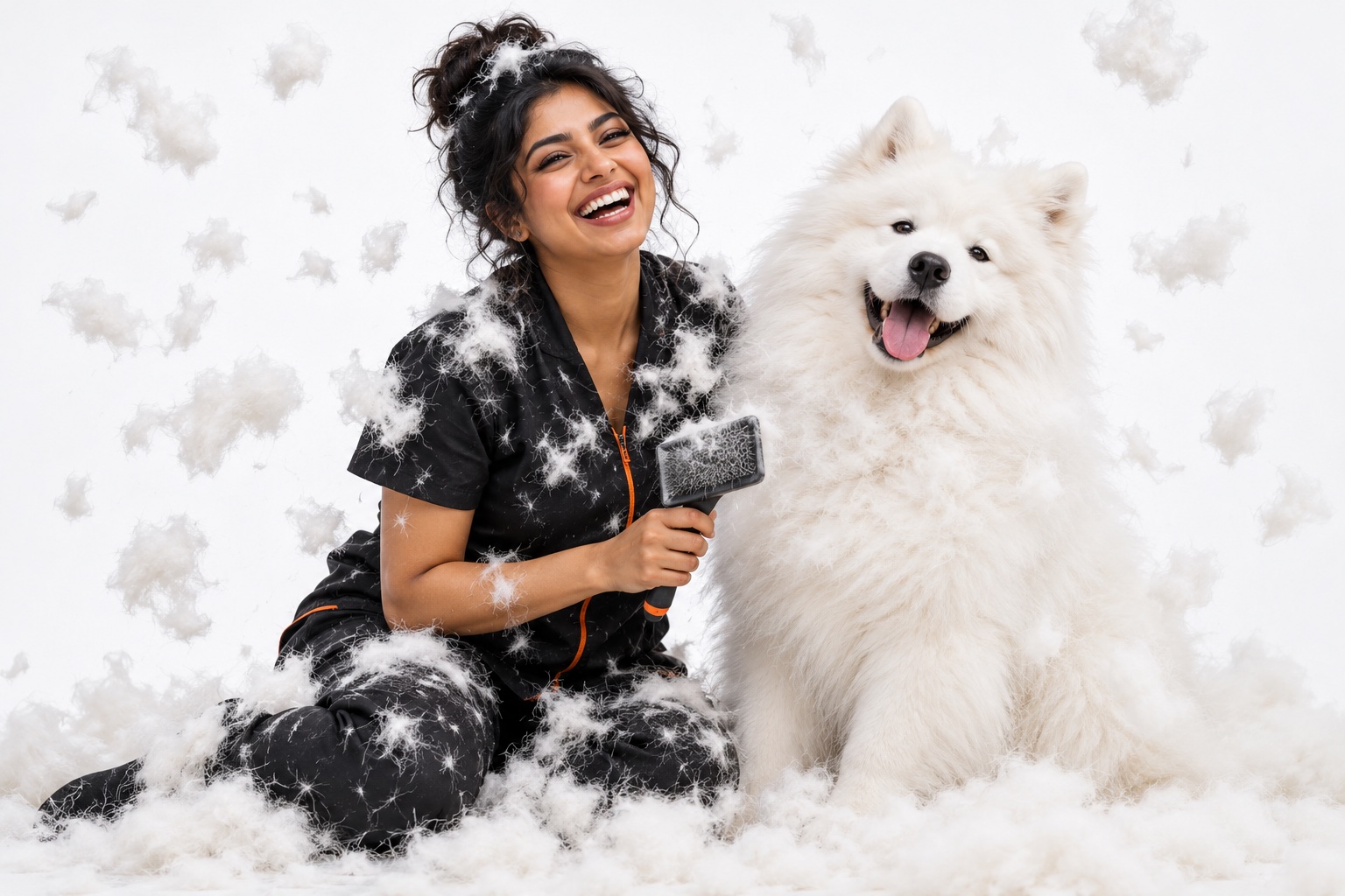 Groomer Priya and a Samoyed, both covered in fluff and grinning
