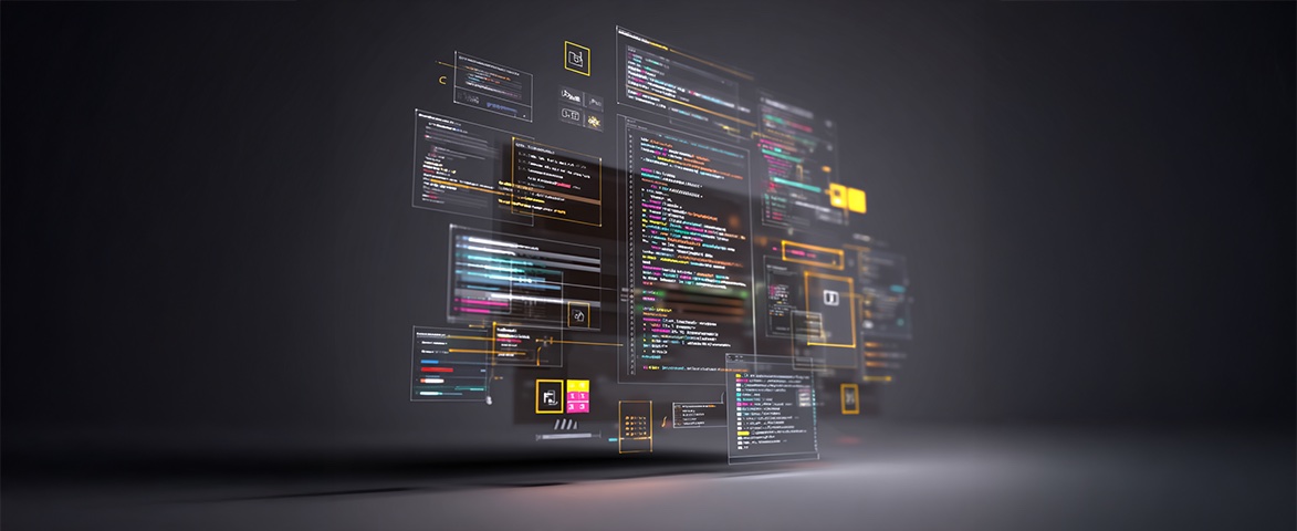 Layers of code floating in a dark room