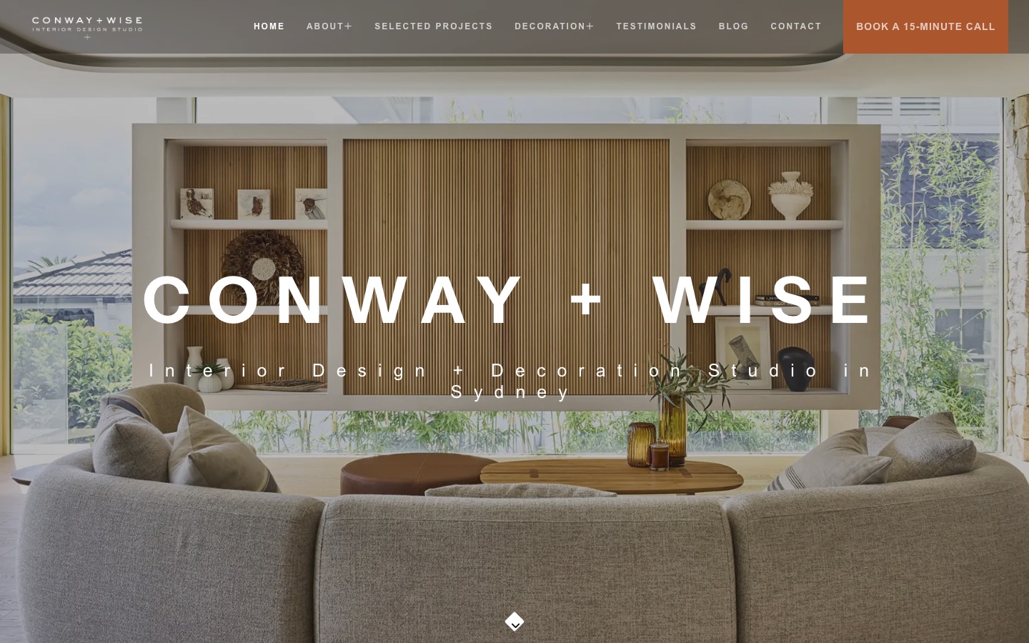 The Conway + Wise homepage: their name over a styled living room