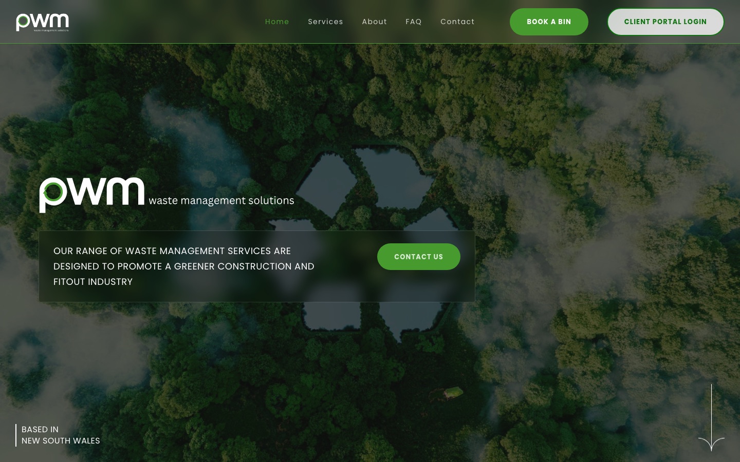 The PWM homepage: their logo over an aerial forest with a recycling-symbol lake