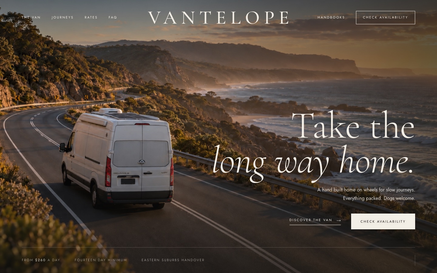 The Vantelope homepage: a white campervan on a coastal road at sunset, under the headline Take the long way home