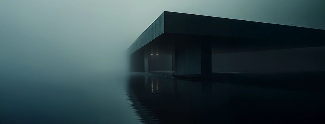 A dark concrete pavilion over still water in fog