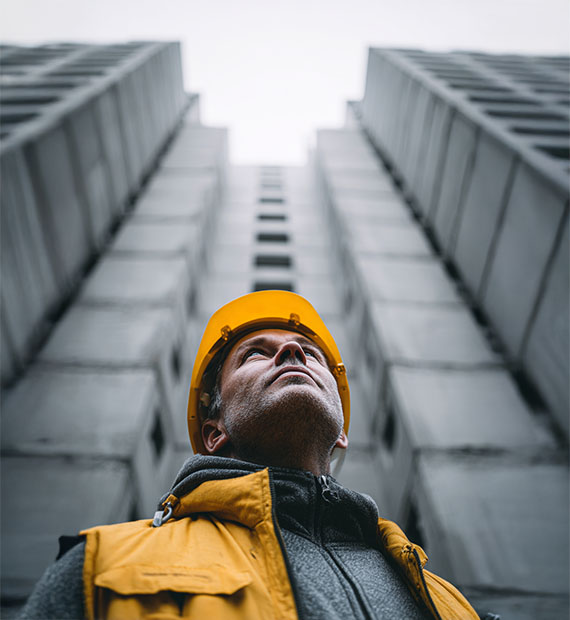 A builder in a hard hat looking up at a tower block