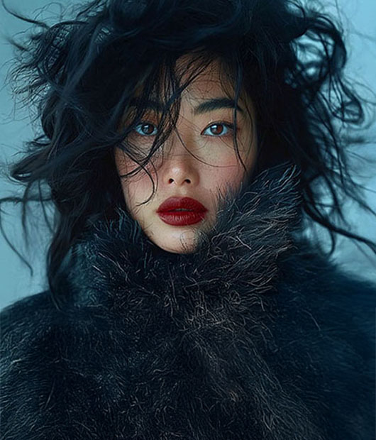 A model with windswept hair and red lipstick in a fur collar