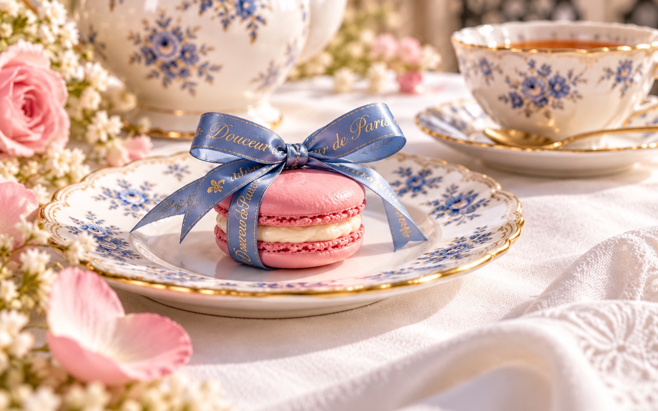 A pink macaron tied with a blue satin ribbon on blue and white china, with a teapot behind