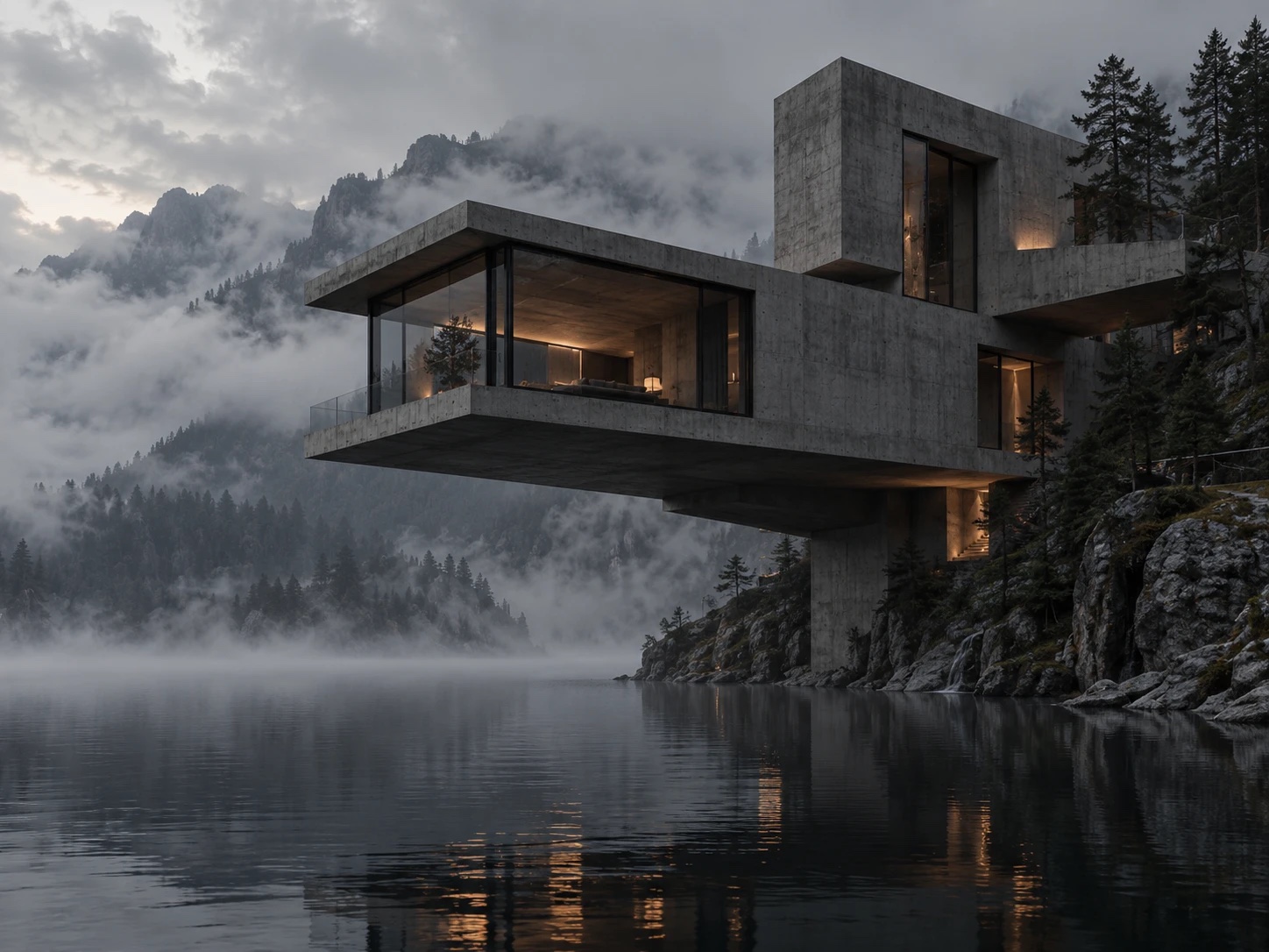 A concrete house cantilevered over a misty lake at dusk, from Marlow Vane