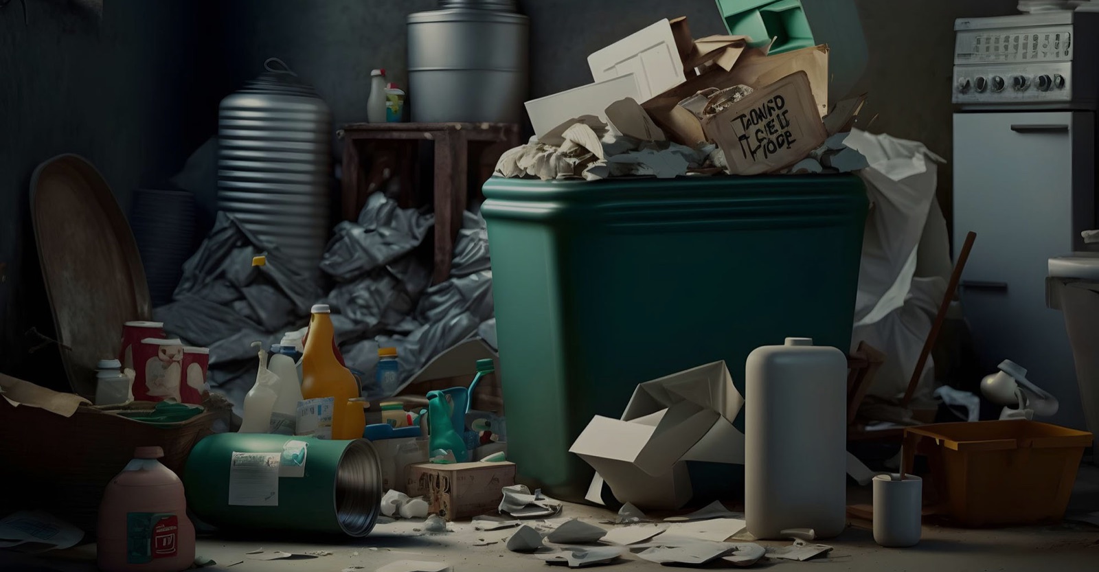 An overflowing green bin surrounded by household rubbish, from the Rubbish Bros website