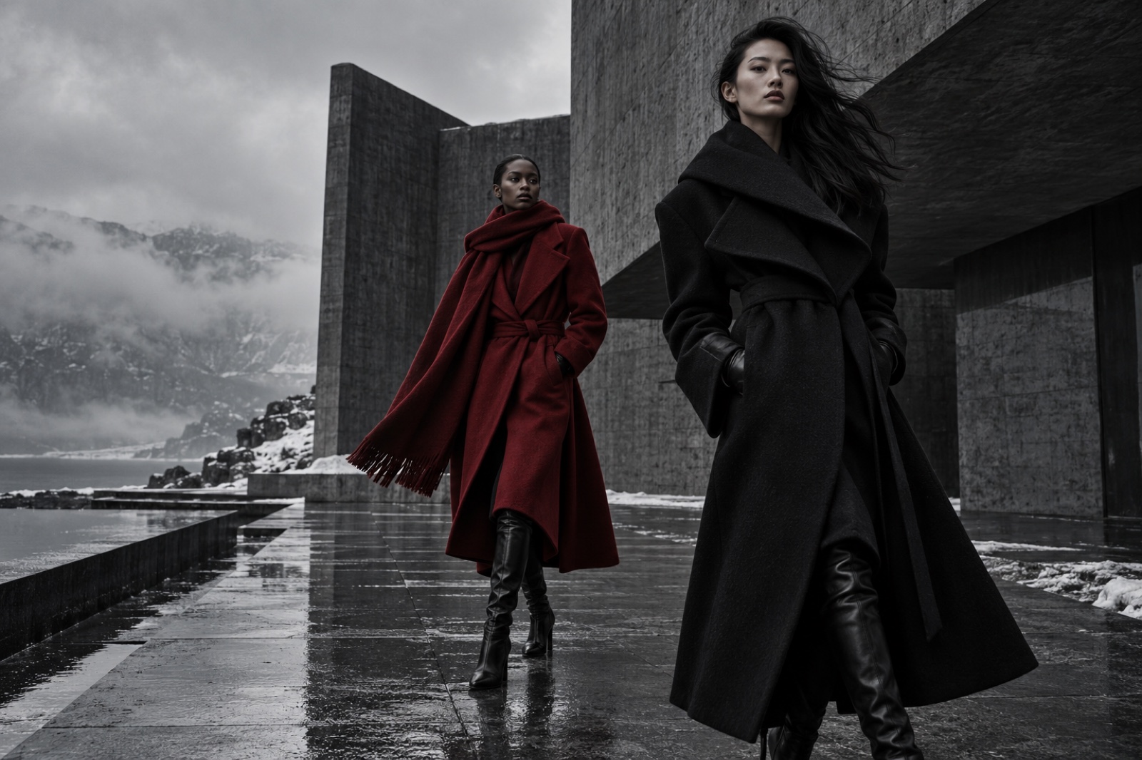 Diverse models in sculptural winter coats from the SANG / FROID fashion house campaign